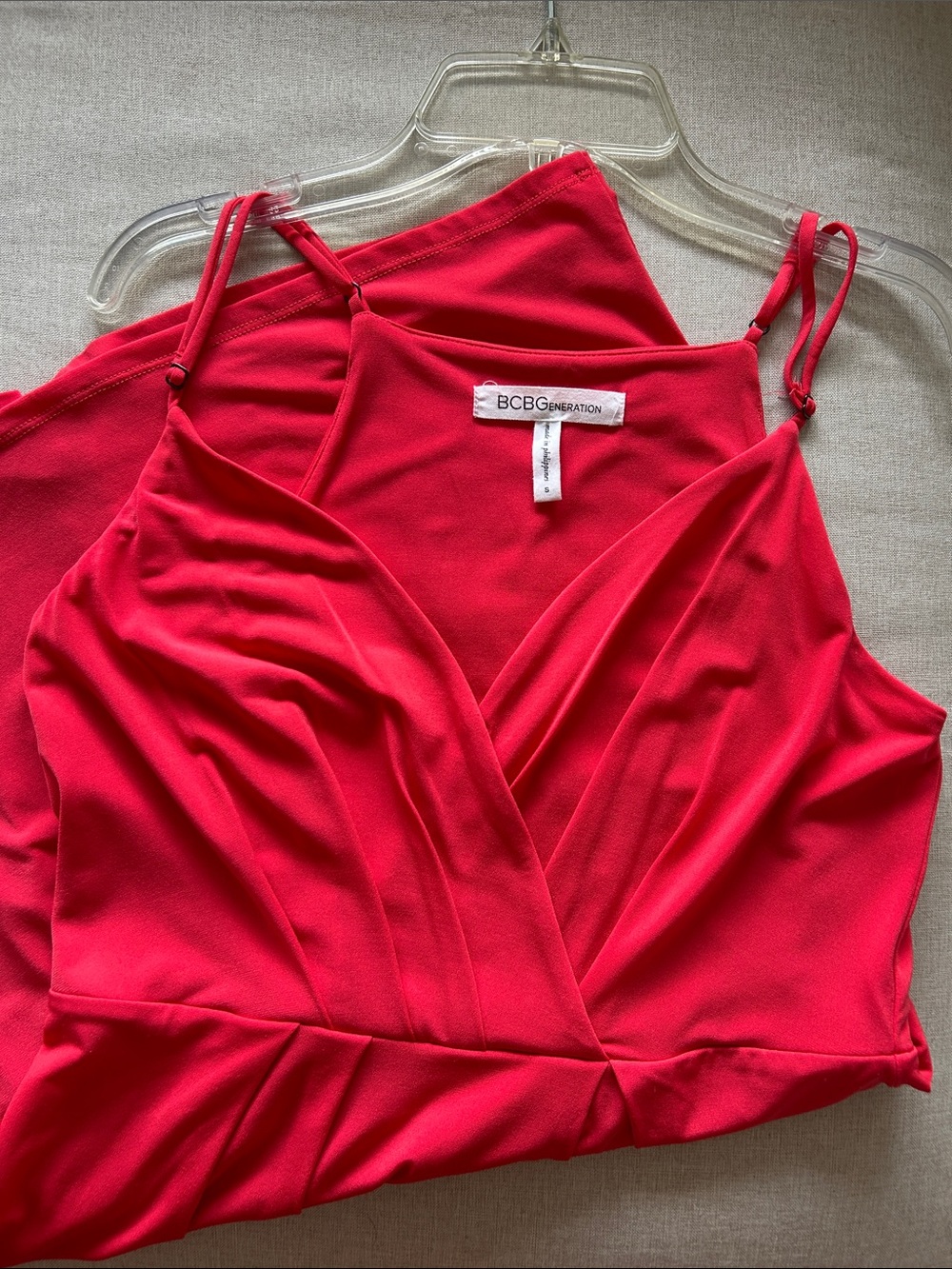 BCBGGeneration Coral Pink V-Neck Pleated Cocktail Mini Dress